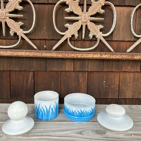 Vintage Blue and White Hand Painted Lidded Glass Jars with Coastal Motiff - Picture 3 of 7